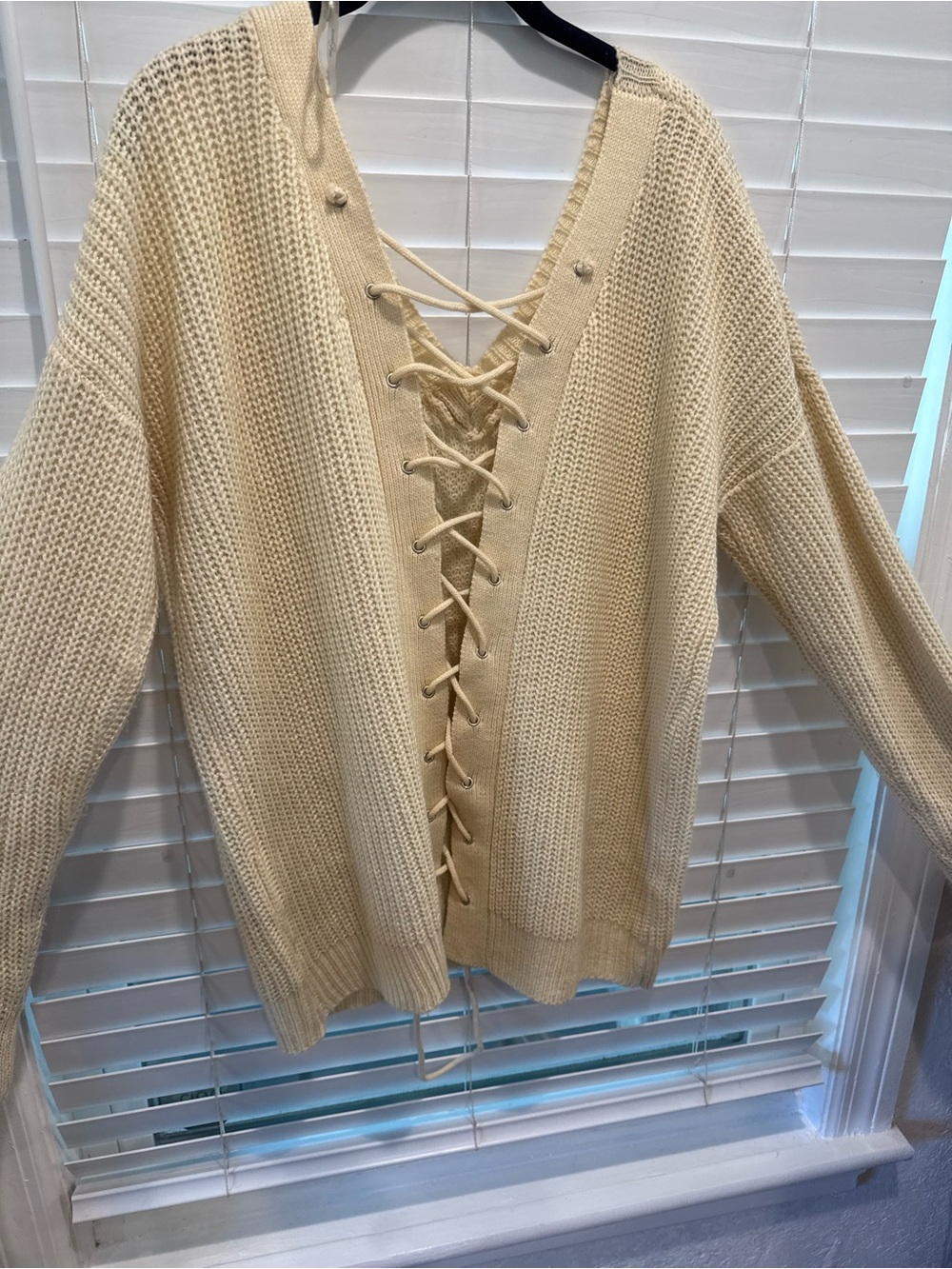 Umgee Cream Lace-Up V-Neck Knit Sweater